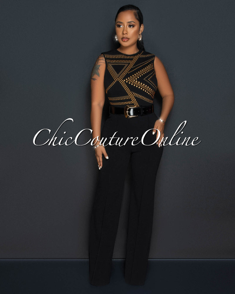 *Marlisa Black Gold Studs Gold Buckle Belt Jumpsuit