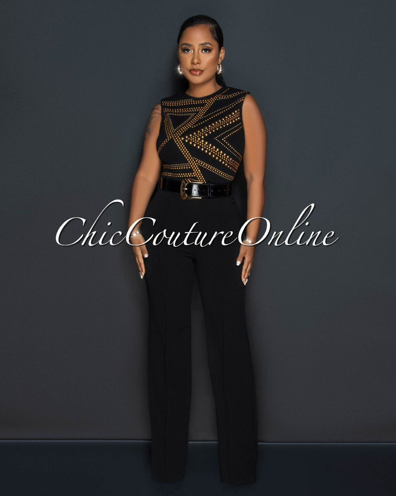 *Marlisa Black Gold Studs Gold Buckle Belt Jumpsuit