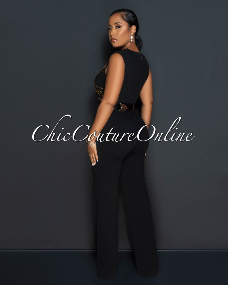 *Marlisa Black Gold Studs Gold Buckle Belt Jumpsuit