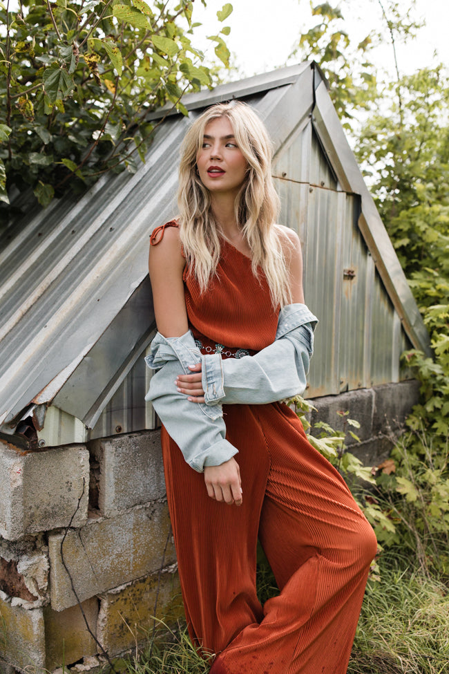 Sent From Above Rust One Shoulder Plisse Jumpsuit FINAL SALE