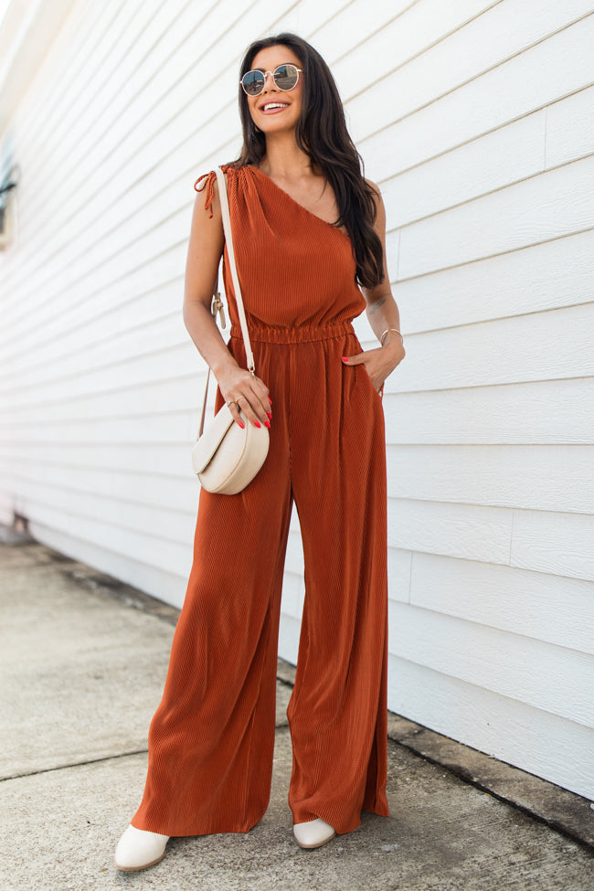 Sent From Above Rust One Shoulder Plisse Jumpsuit FINAL SALE