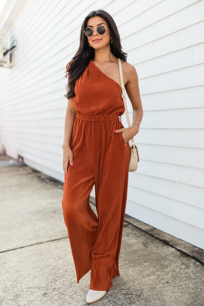 Sent From Above Rust One Shoulder Plisse Jumpsuit FINAL SALE