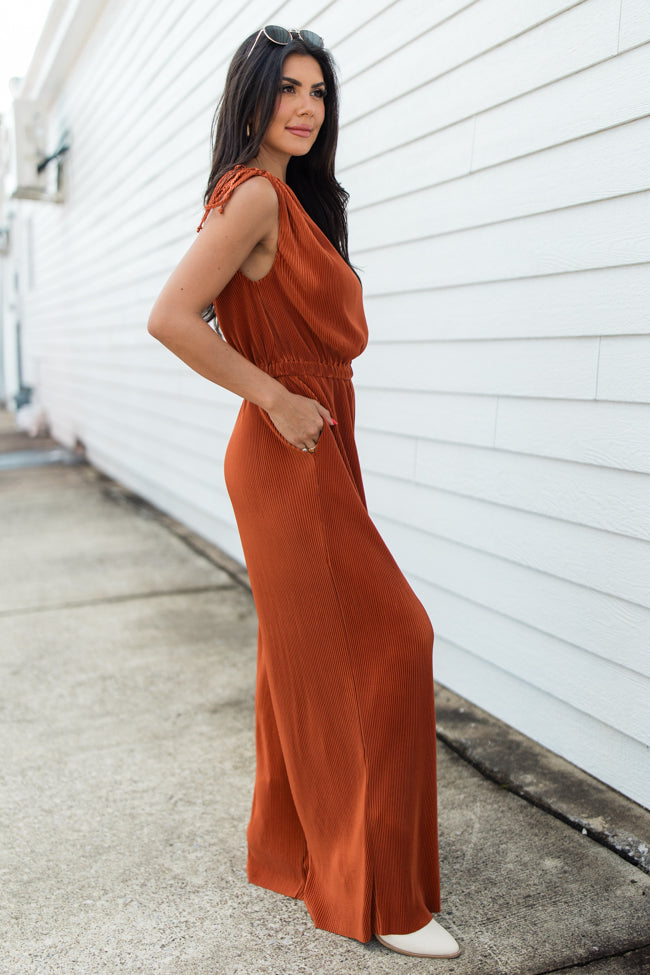 Sent From Above Rust One Shoulder Plisse Jumpsuit FINAL SALE