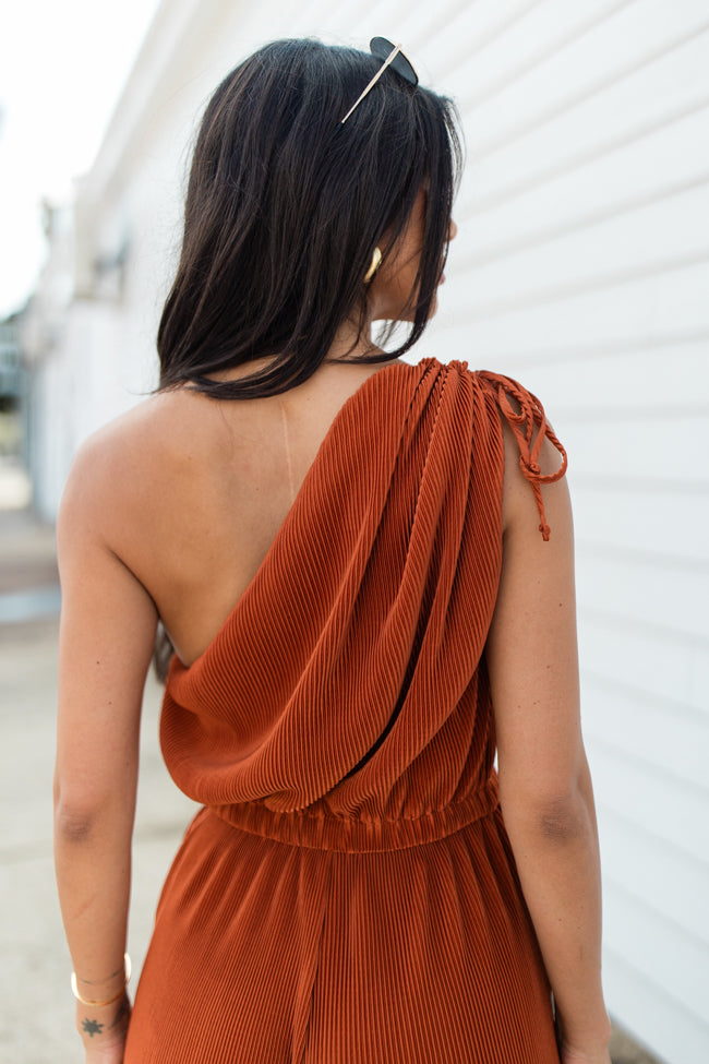 Sent From Above Rust One Shoulder Plisse Jumpsuit FINAL SALE