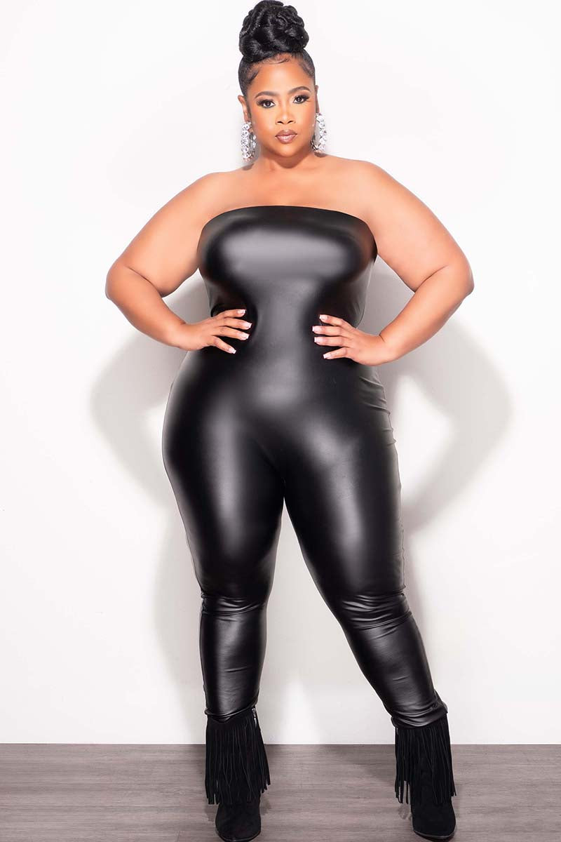 Final Sale Plus Size Vegan Leather Jumpsuit in Black