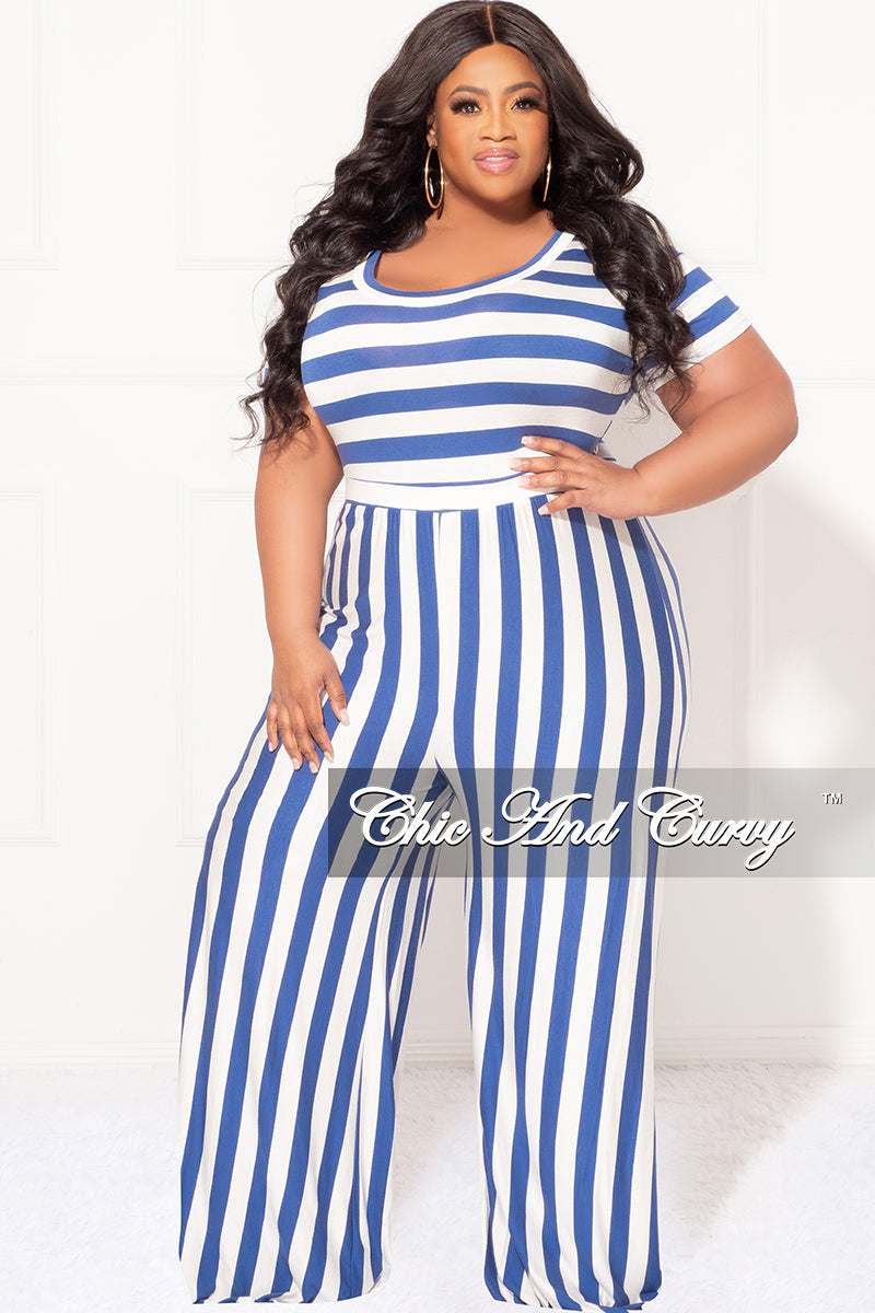 Final Sale Plus Size Short Sleeve Jumpsuit in Blue and White Stripes
