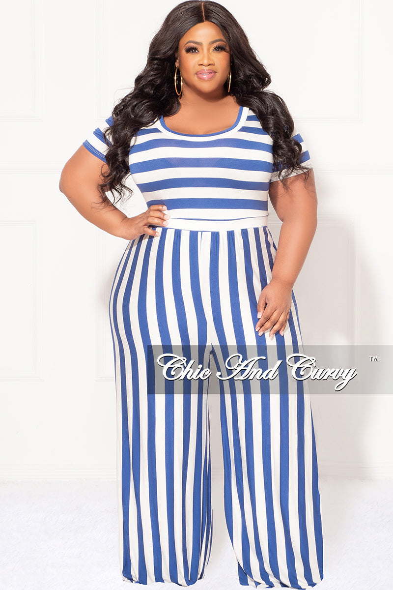 Final Sale Plus Size Short Sleeve Jumpsuit in Blue and White Stripes