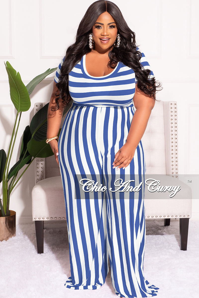 Final Sale Plus Size Short Sleeve Jumpsuit in Blue and White Stripes