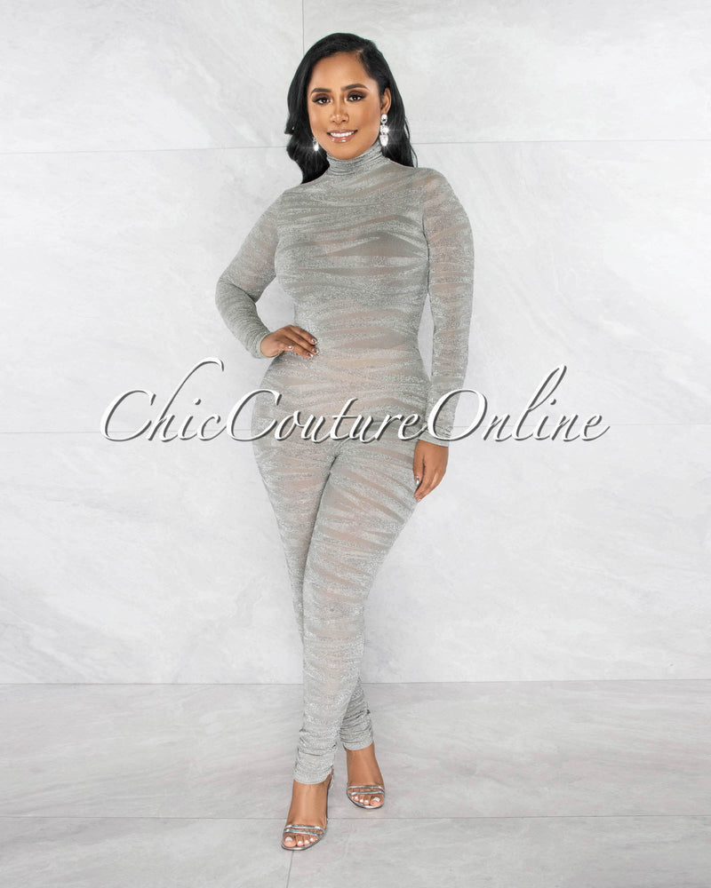 *Henry Silver Shimmer Zebra Print Sheer Mesh Jumpsuit