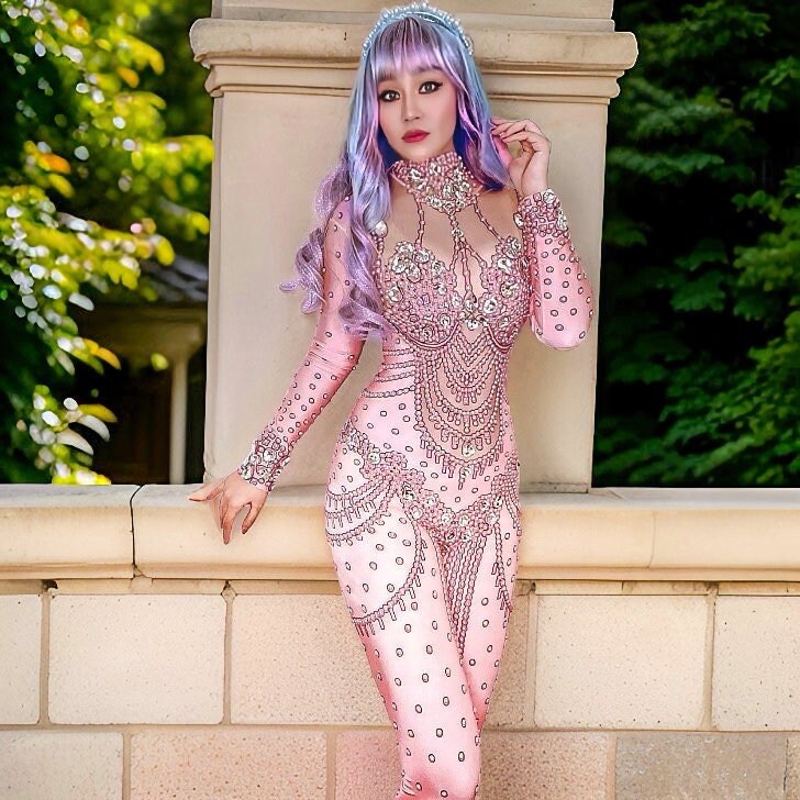 Pink Jasmine Rhinestone Bodysuit / Pink Diamond Jumpsuit / Festival Outfit, Wedding Party Dress, Burning Man Performer, NYE Dance Costume