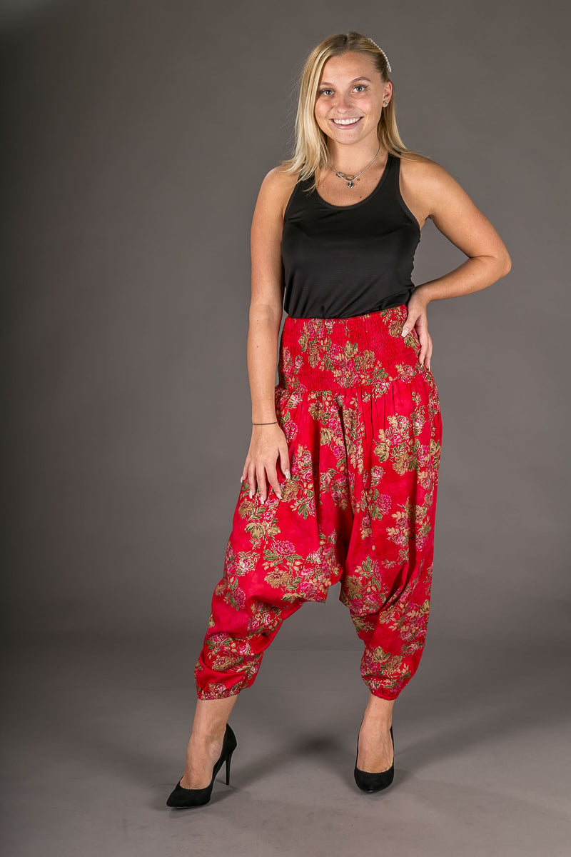 Red Floral Print Cotton Harem Yoga Jumpsuit Pants