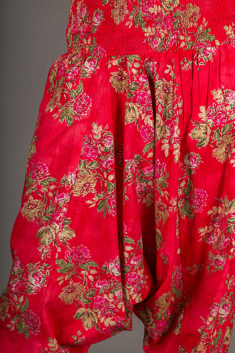 Red Floral Print Cotton Harem Yoga Jumpsuit Pants