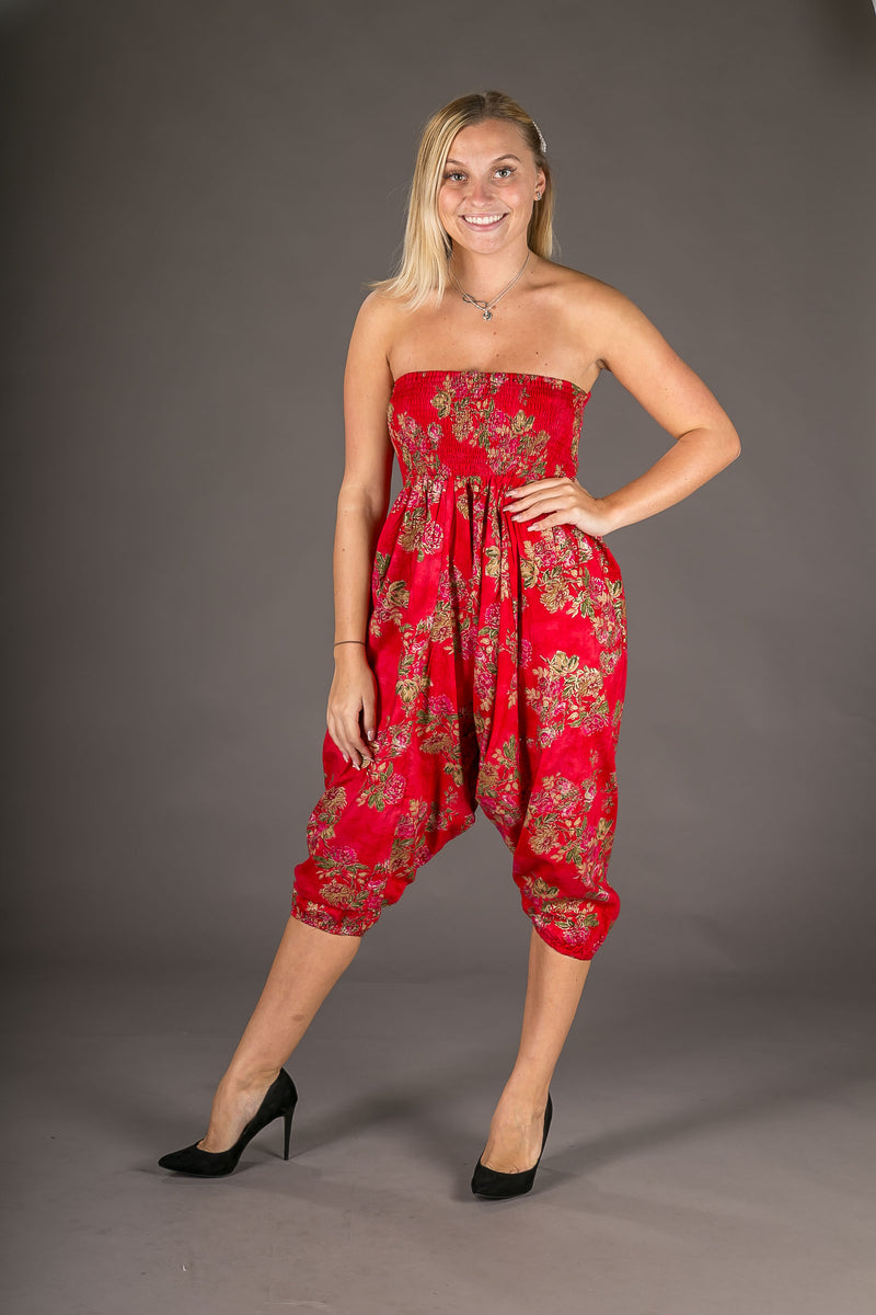 Red Floral Print Cotton Harem Yoga Jumpsuit Pants