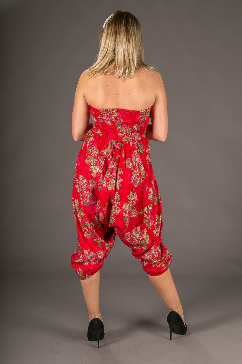 Red Floral Print Cotton Harem Yoga Jumpsuit Pants