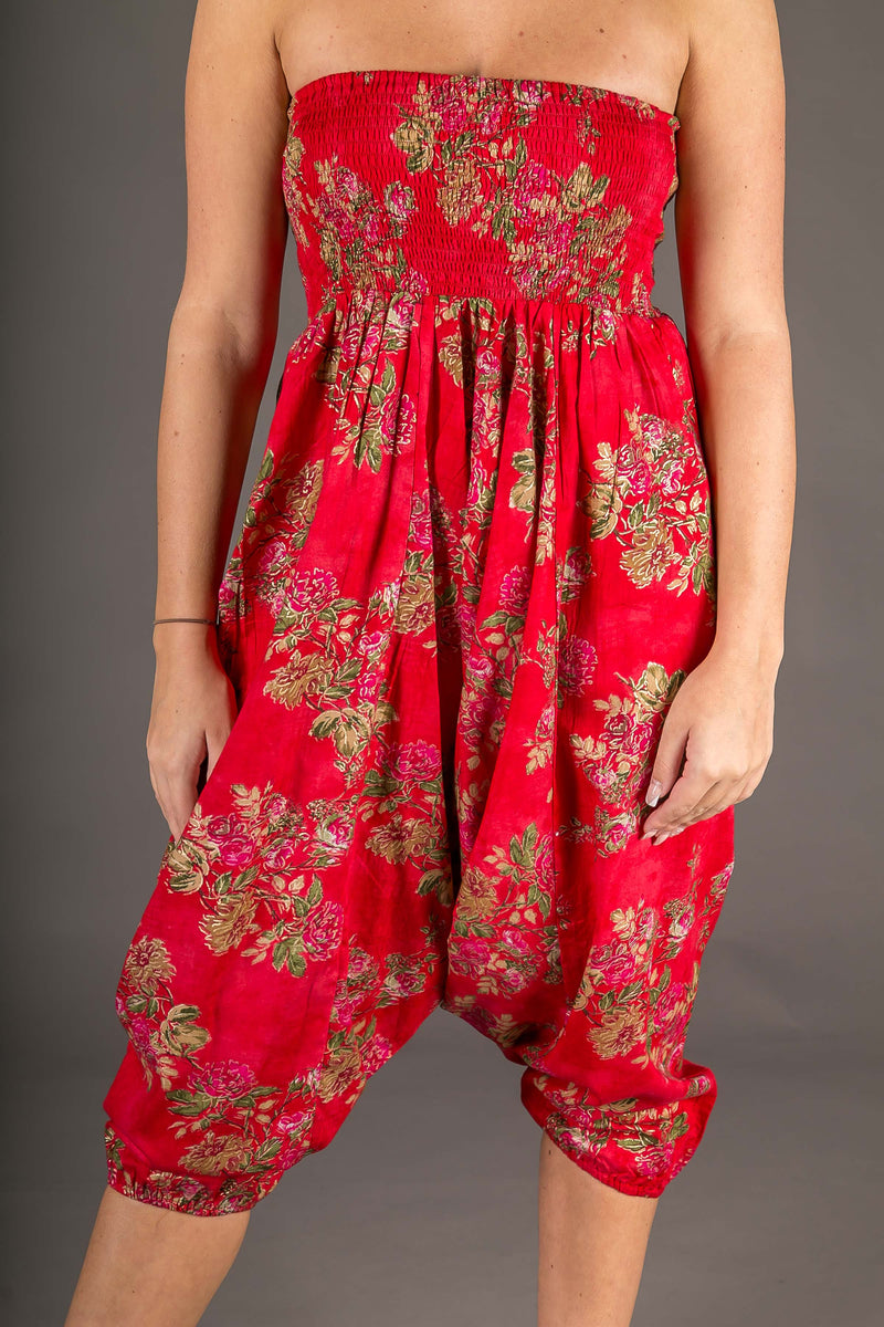 Red Floral Print Cotton Harem Yoga Jumpsuit Pants