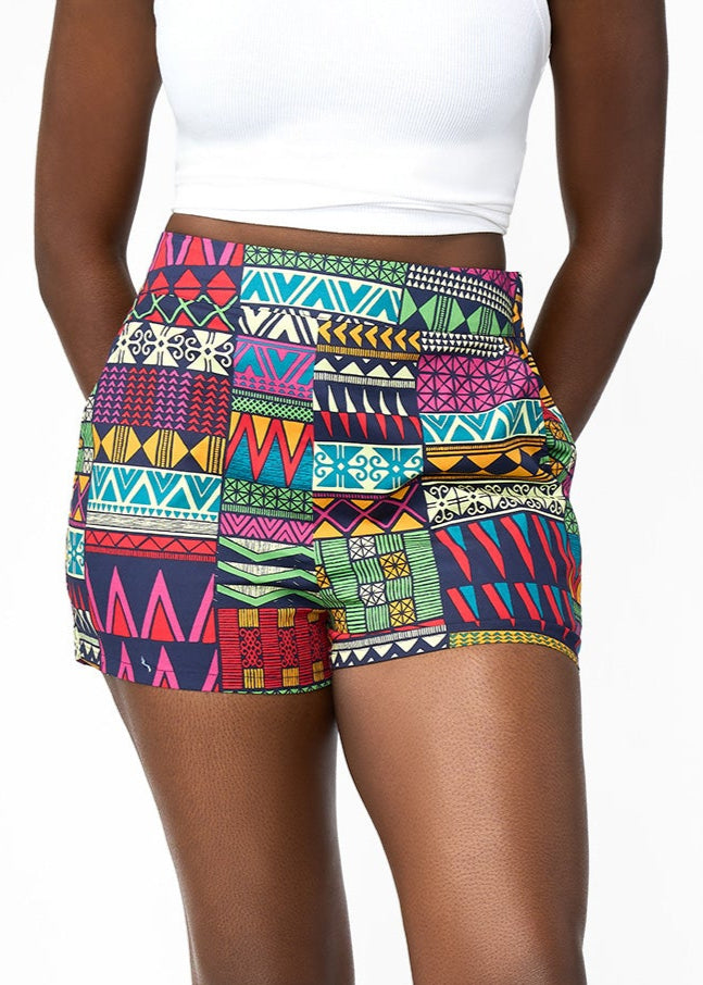 Rakiya Women's African Print High-Waisted  Shorts (Green Navy Kente)
