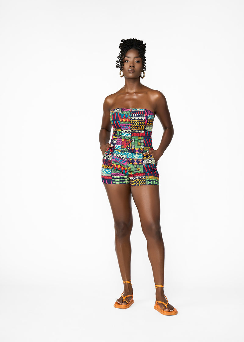 Rakiya Women's African Print High-Waisted  Shorts (Green Navy Kente)