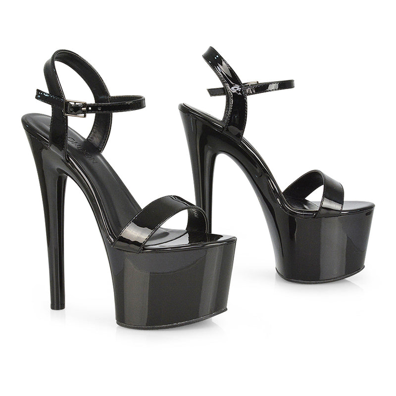 Matilda Statement Strappy Sky High Stiletto Platform Heels in Black Patent