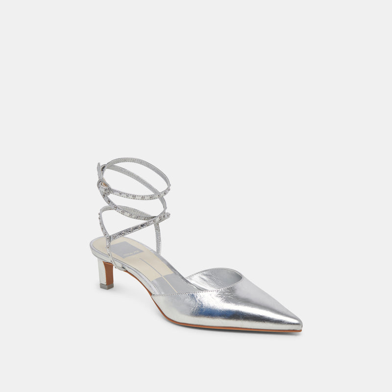 LOKLYN STUD HEELS SILVER CRINKLE PATENT