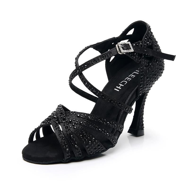 Women's Customized Heel Black Strappy Dance Shoes With Crystals