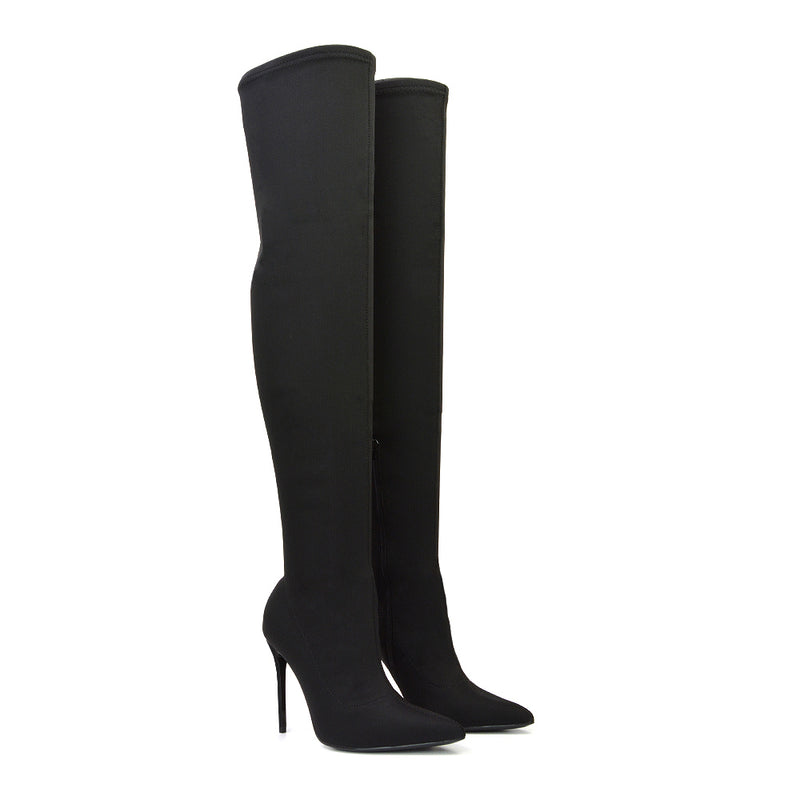 Piper Over The Knee Thigh High Stiletto Pointed Toe Heeled Boots in Black Lycra