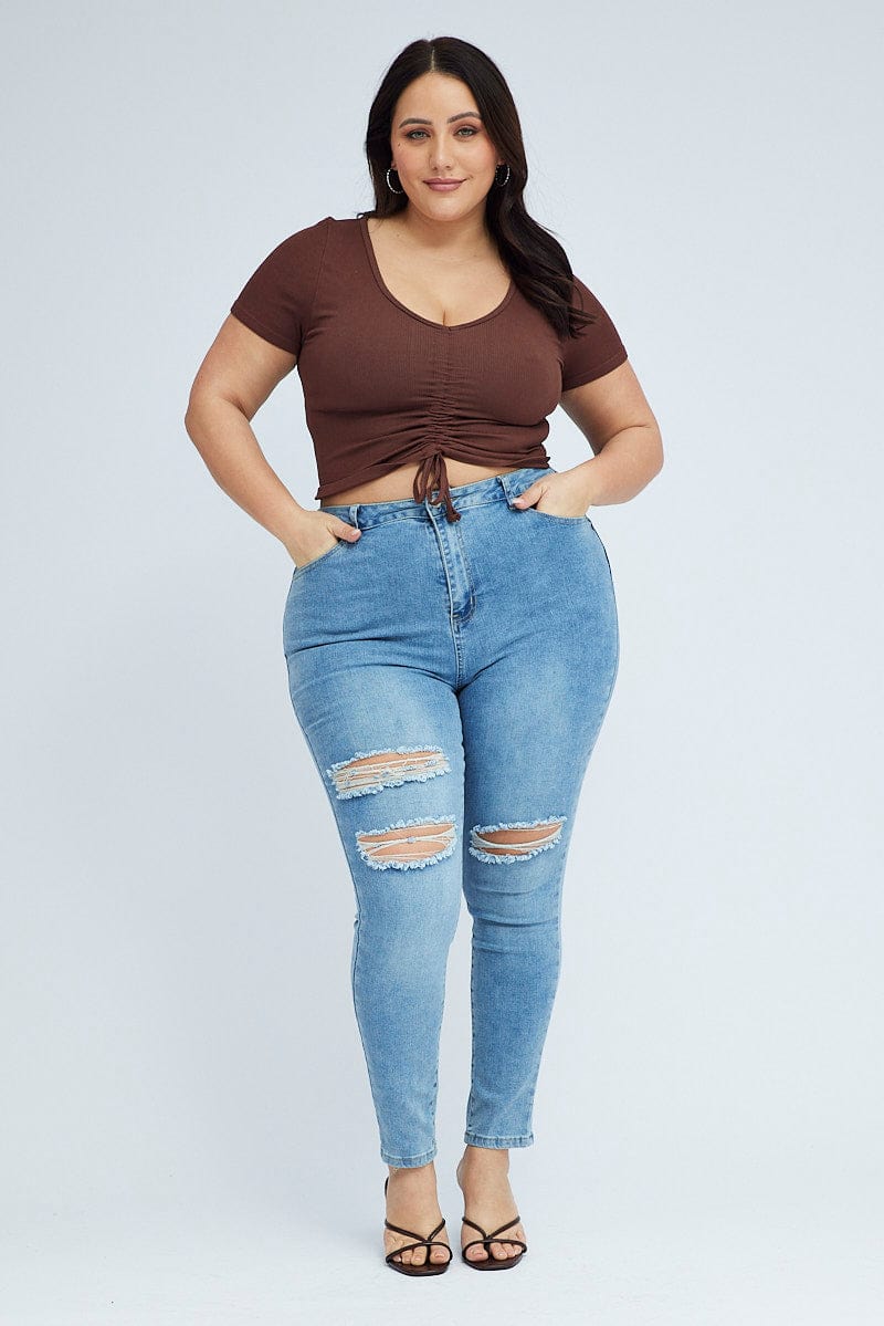 Brown Ruched Top Short Sleeve V-neck Seamless