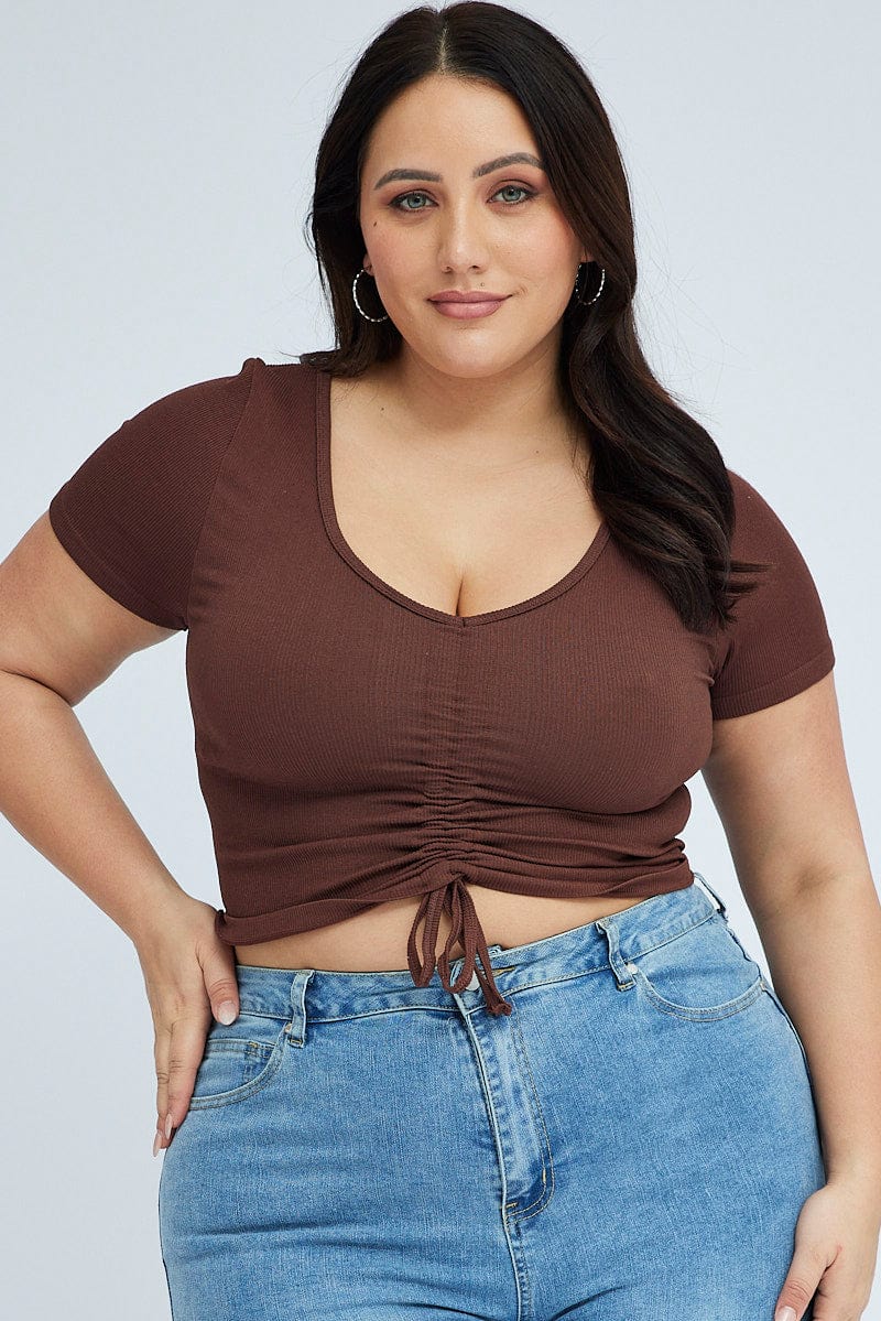 Brown Ruched Top Short Sleeve V-neck Seamless
