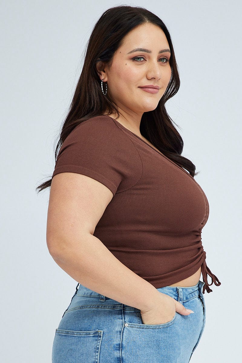 Brown Ruched Top Short Sleeve V-neck Seamless