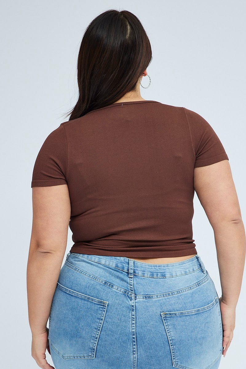 Brown Ruched Top Short Sleeve V-neck Seamless