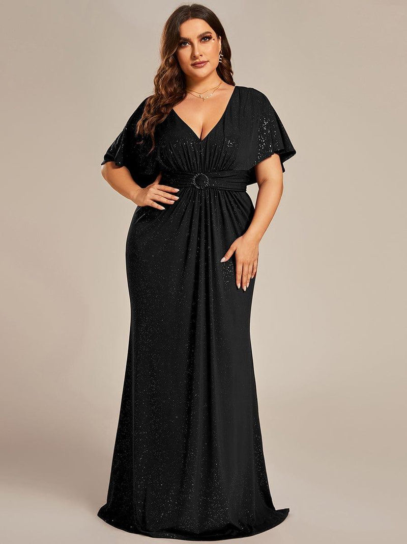 pretty LUXE|Plus Size Glitter Bat-Wing Sleeve Waist-Cinching Mermaid Evening Dress