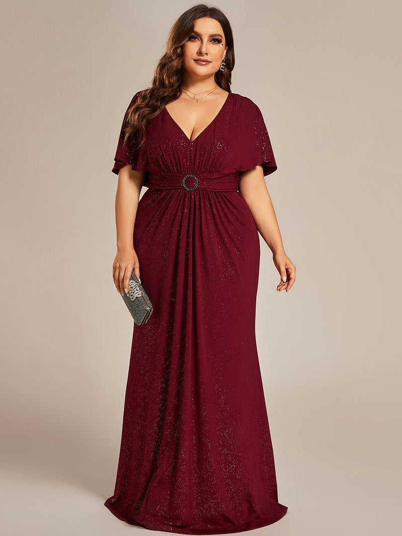 pretty LUXE|Plus Size Glitter Bat-Wing Sleeve Waist-Cinching Mermaid Evening Dress