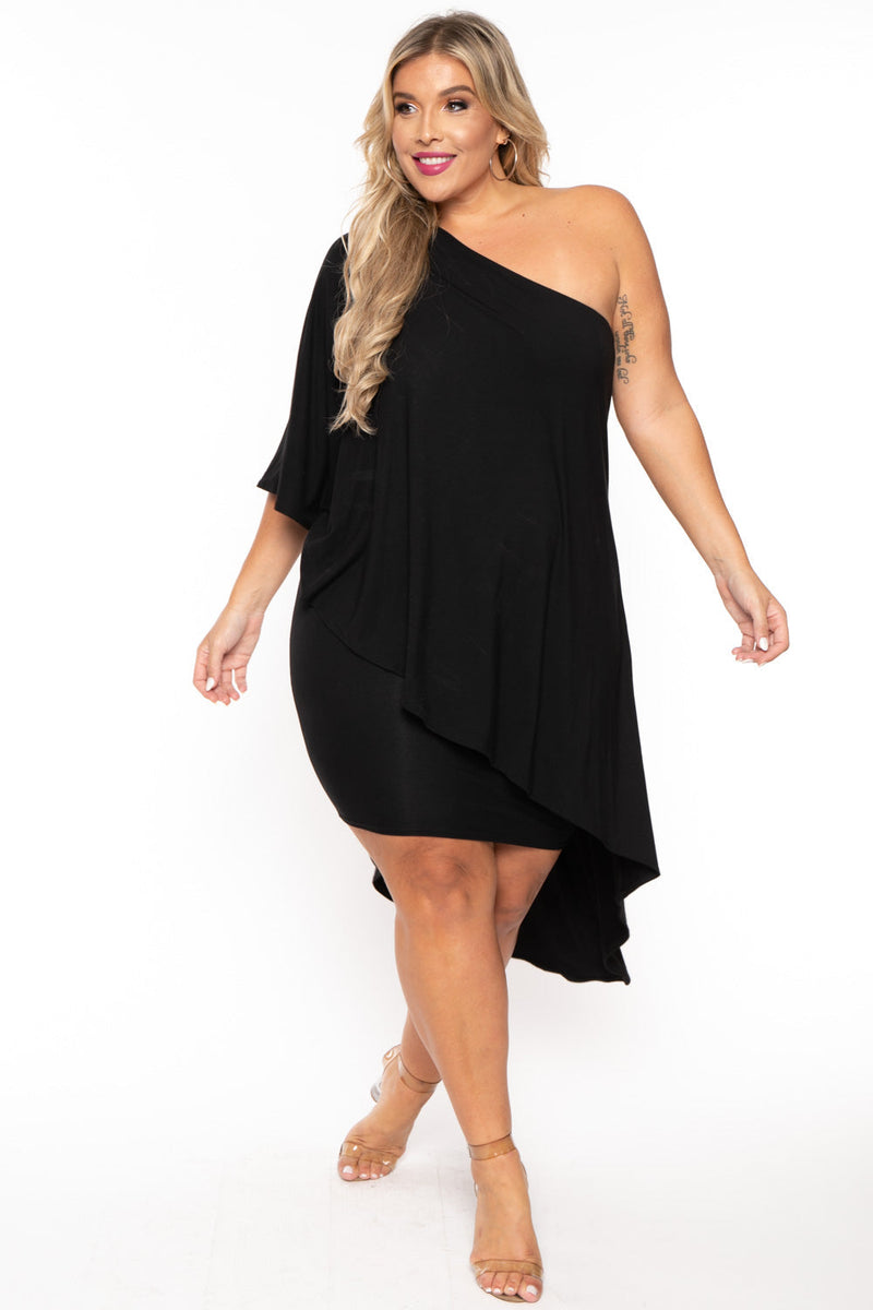 Plus Size Asymmetric Draped Dress - Black