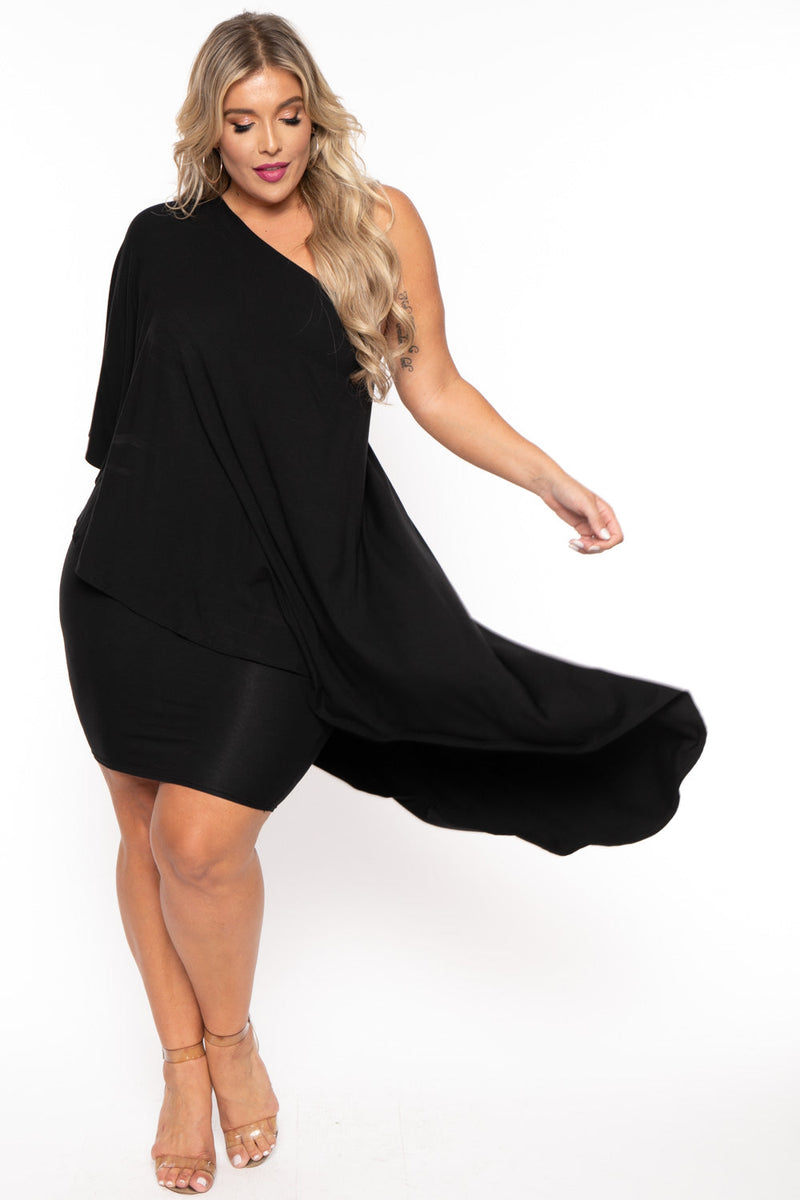 Plus Size Asymmetric Draped Dress - Black