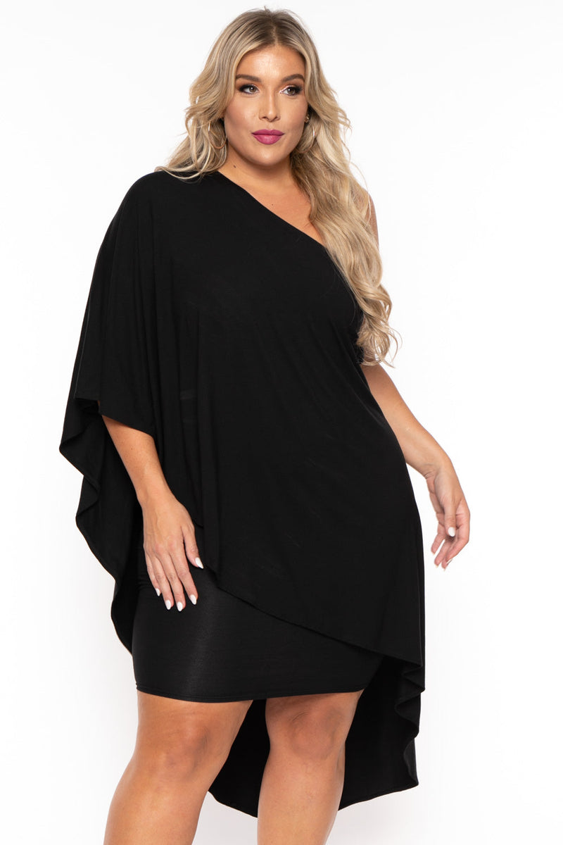 Plus Size Asymmetric Draped Dress - Black