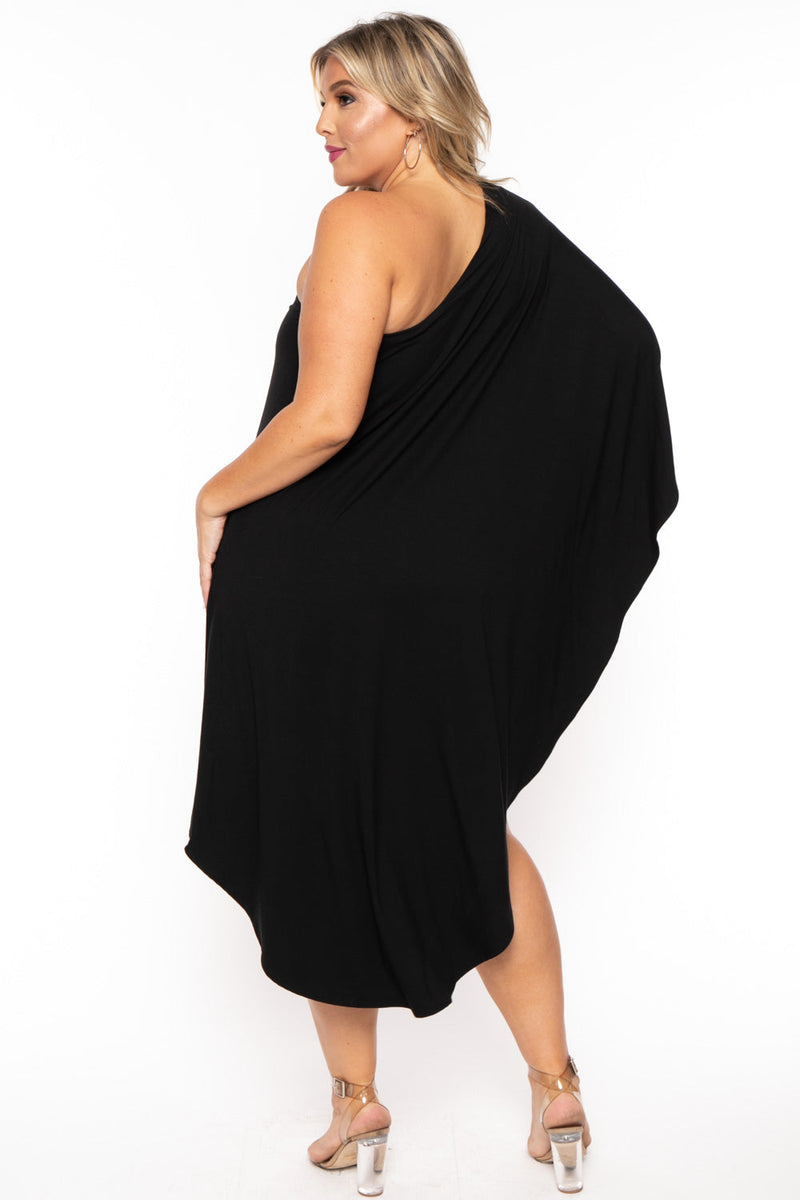 Plus Size Asymmetric Draped Dress - Black
