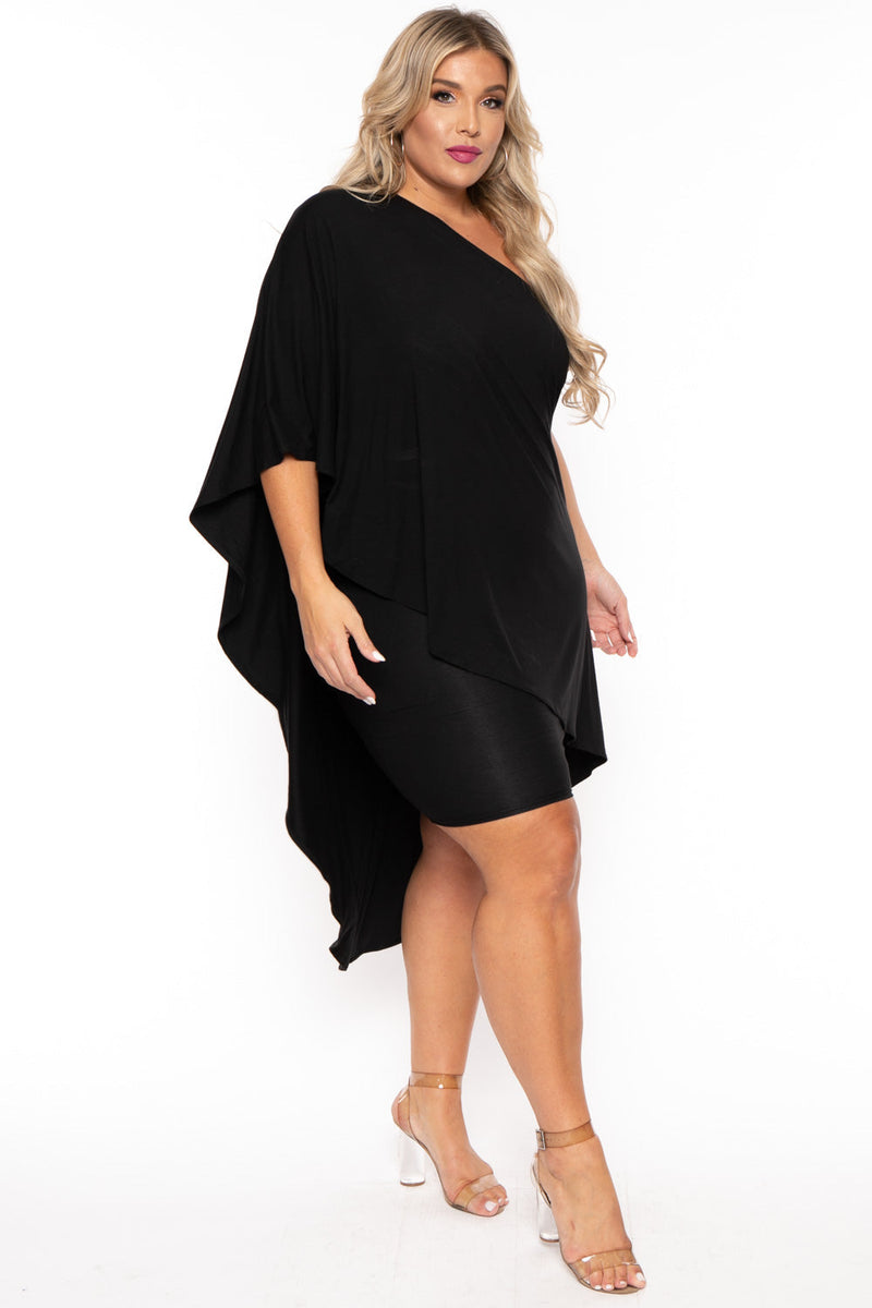 Plus Size Asymmetric Draped Dress - Black