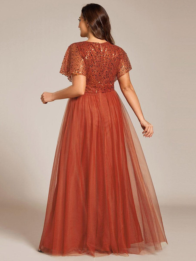 pretty NAVEYA|Plus Size Short Sleeves Sequin V-Neck Formal Evening Dress with Tulle