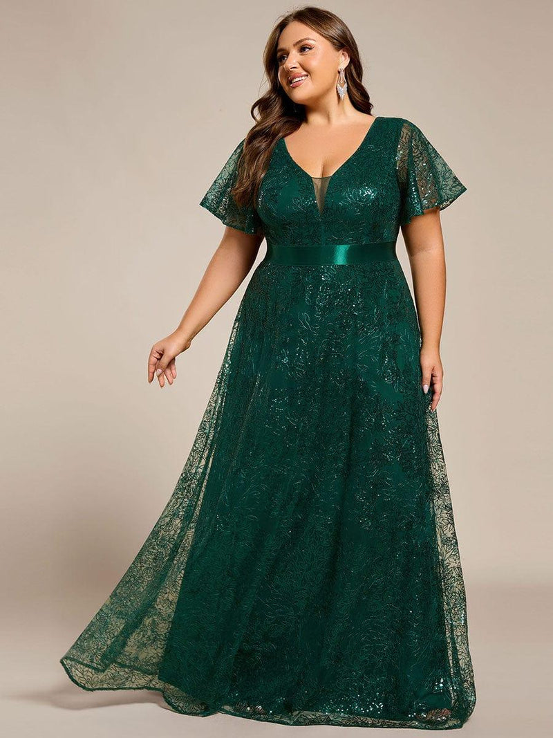 pretty CORY|Plus Size Illusion Sequin V-neck Short Sleeve Maxi Formal Dress