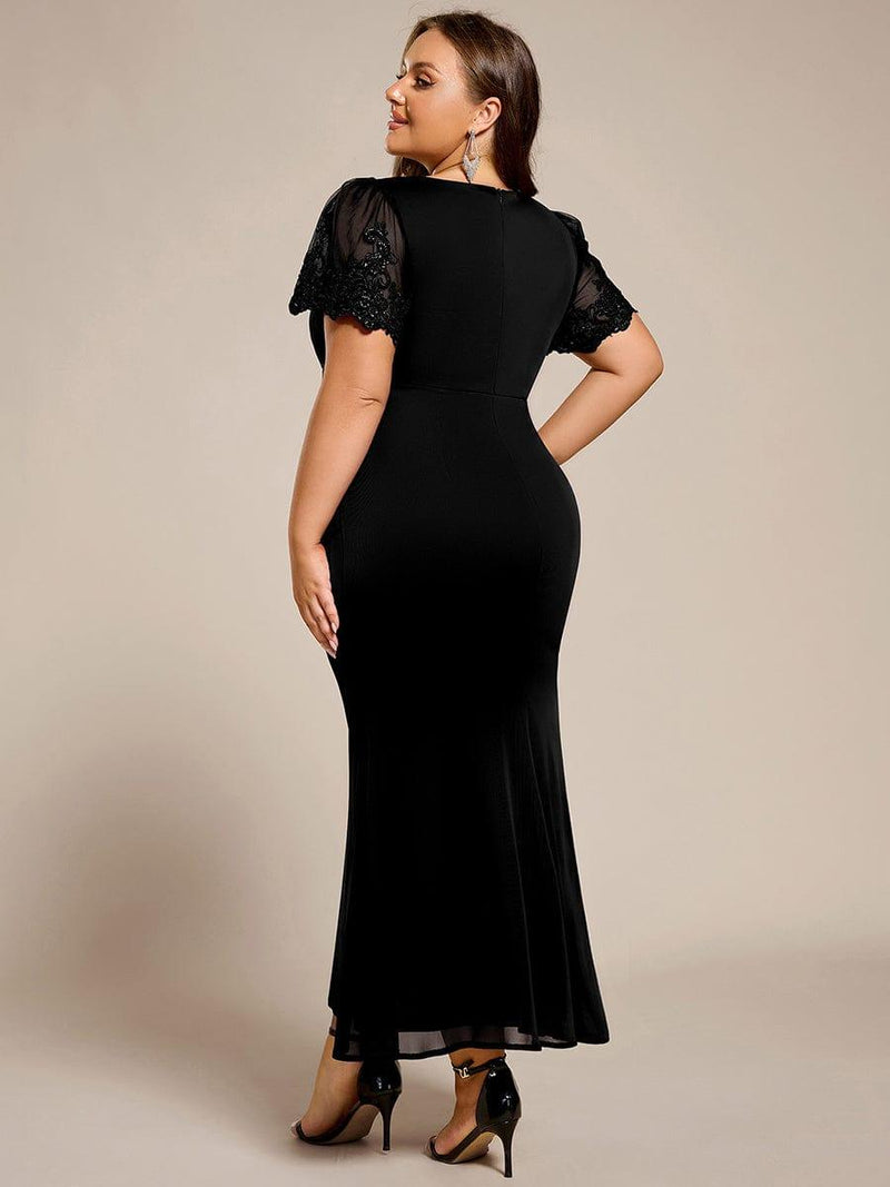 pretty CLEO|Plus Size Short Sleeve Fishtail V-Neck Beaded Formal Dress