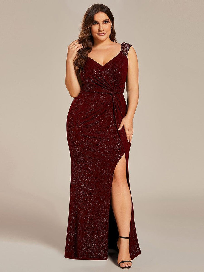pretty NOIRE|Elegant V Neck High Slit Plus Size Sequin Evening Dress