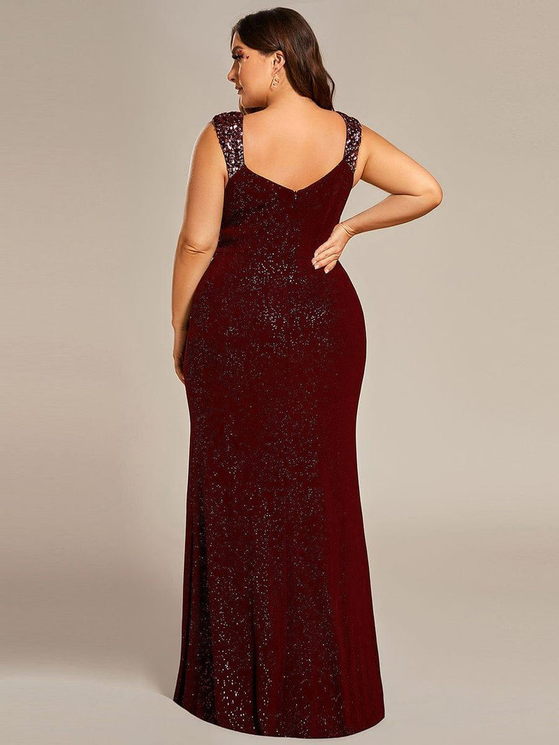 pretty NOIRE|Elegant V Neck High Slit Plus Size Sequin Evening Dress