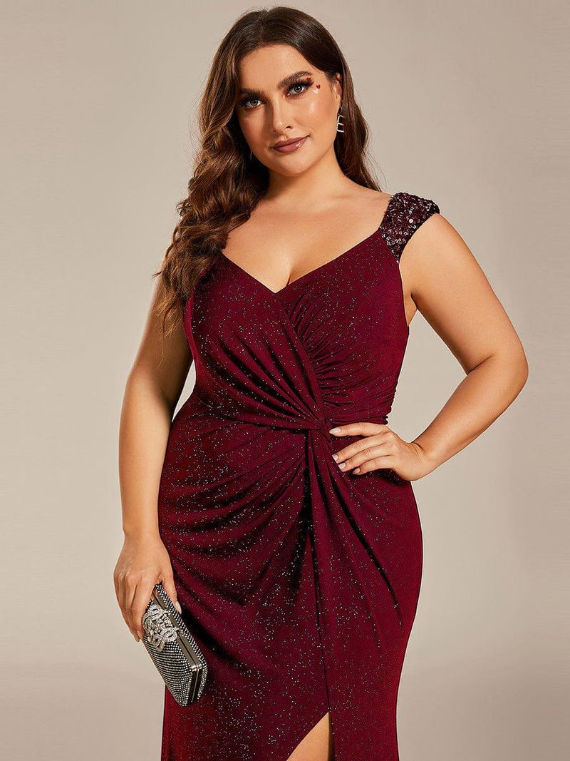 pretty NOIRE|Elegant V Neck High Slit Plus Size Sequin Evening Dress