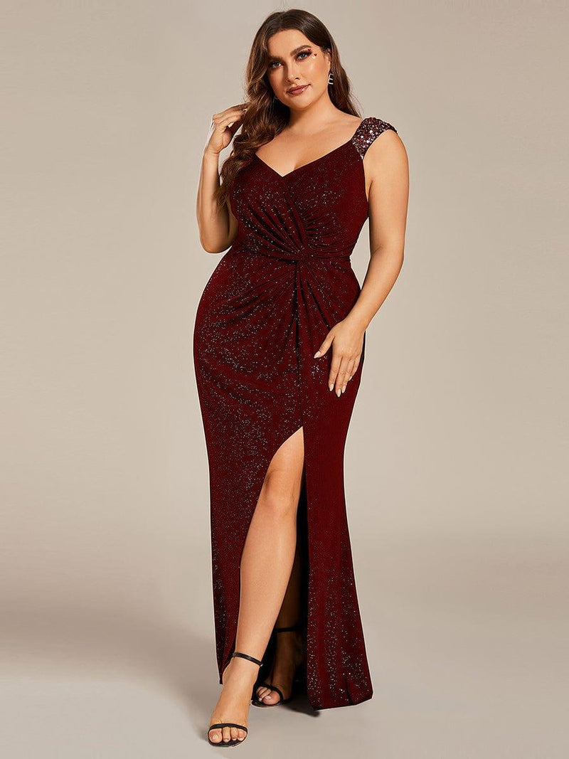 pretty NOIRE|Elegant V Neck High Slit Plus Size Sequin Evening Dress