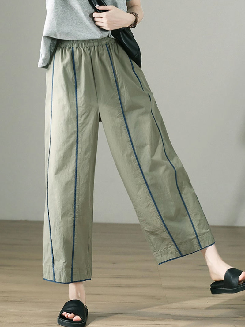 Plus Size Women Spring Casual Colorblock 100%Cotton Wide-leg Pants