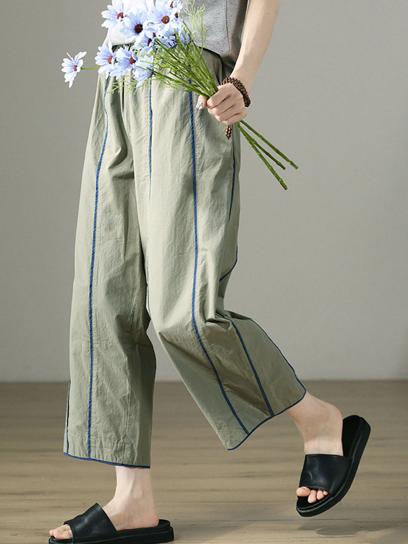 Plus Size Women Spring Casual Colorblock 100%Cotton Wide-leg Pants