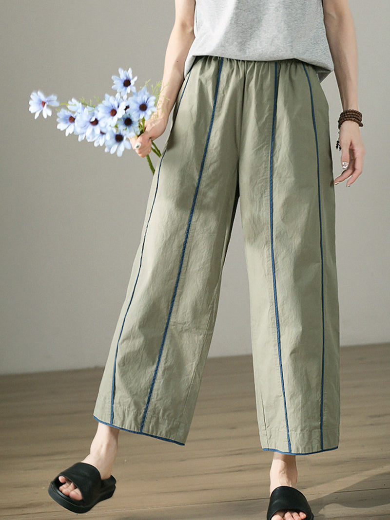 Plus Size Women Spring Casual Colorblock 100%Cotton Wide-leg Pants