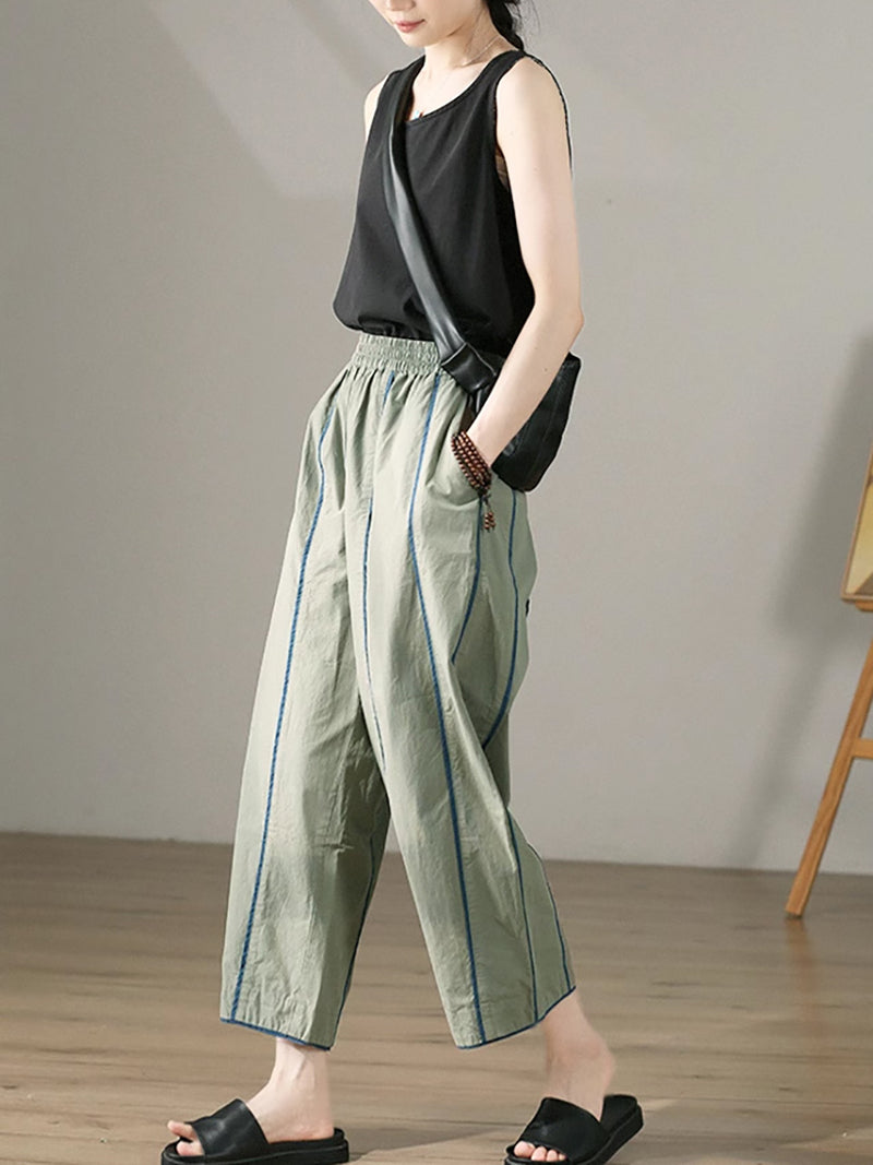 Plus Size Women Spring Casual Colorblock 100%Cotton Wide-leg Pants