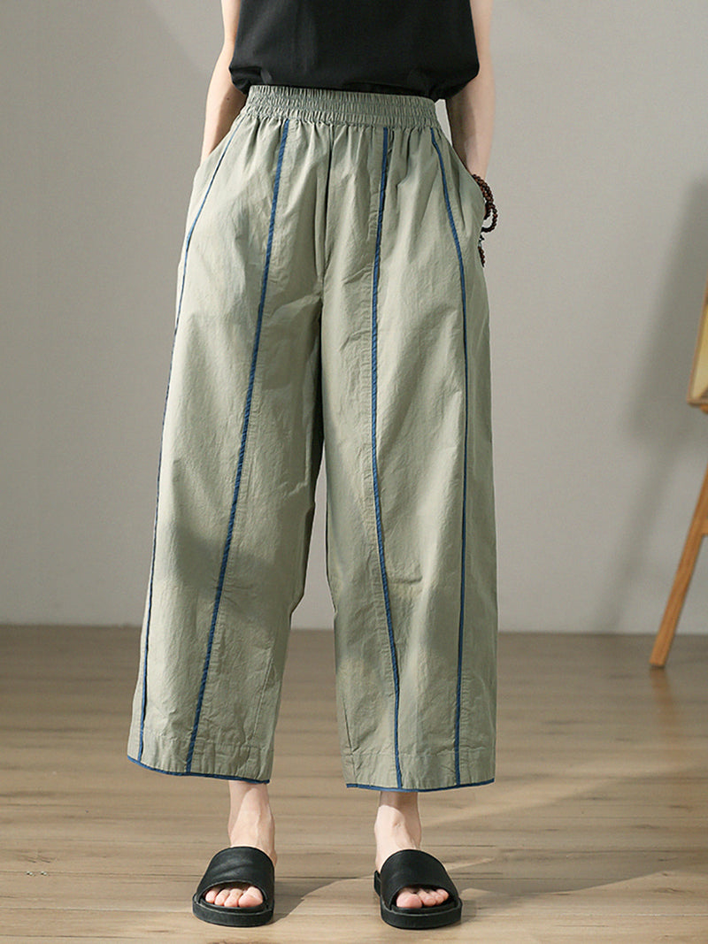 Plus Size Women Spring Casual Colorblock 100%Cotton Wide-leg Pants