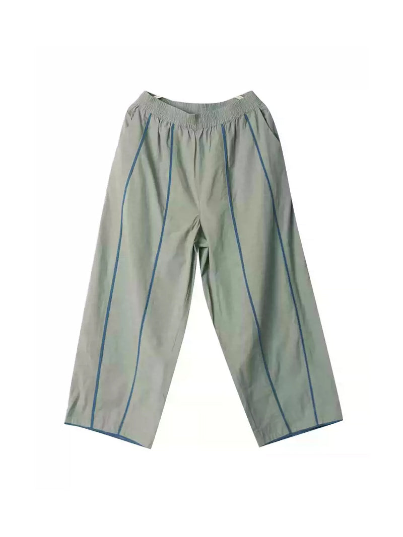 Plus Size Women Spring Casual Colorblock 100%Cotton Wide-leg Pants