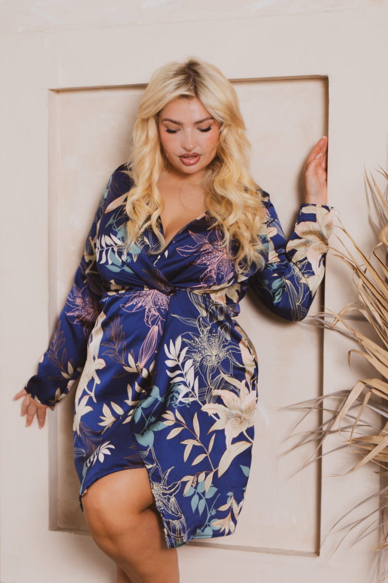 Plus Size Sapphire Garden Satin Dress - Navy